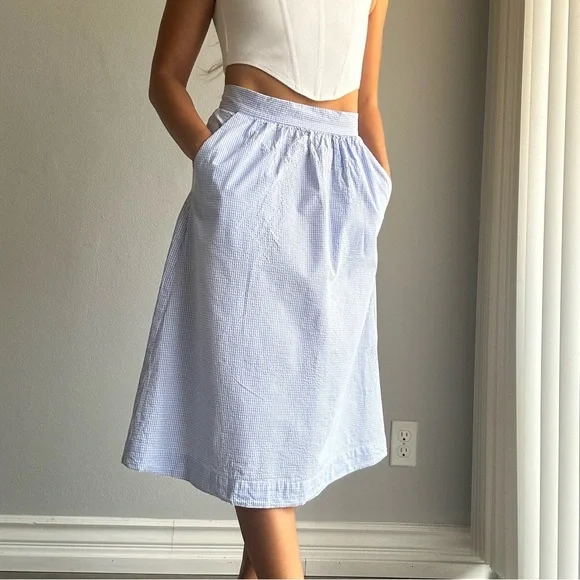 NWOT Mango Gingham 100% Cotton Midi A Line Skirt in Baby Blue w/ Pockets - Picture 2 of 13